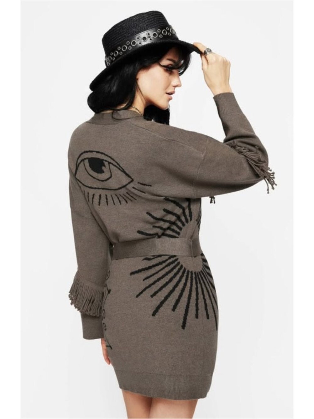 DISTURBIA Iris Flare Sleeve Longline Fringe Knit Cardigan